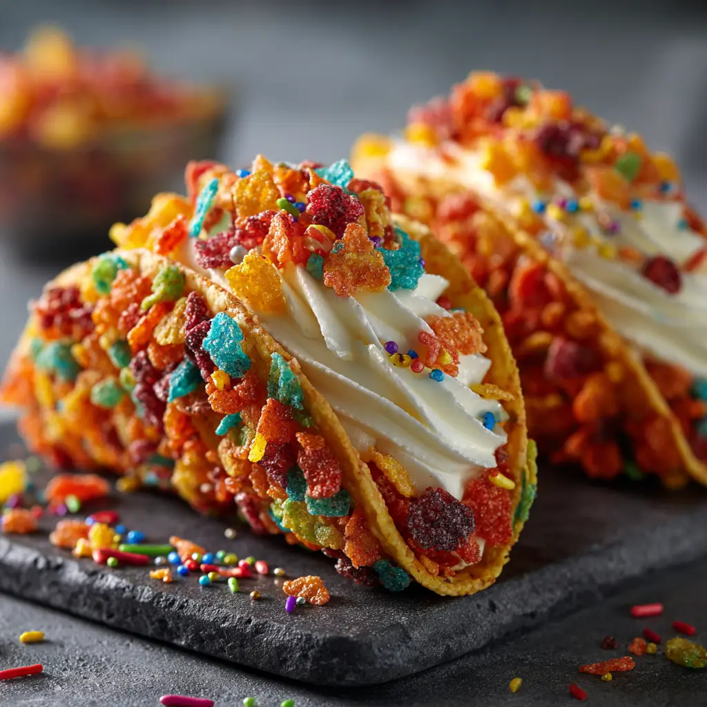 A side view of a Fruity Pebbles Cheesecake Taco, showing the texture of the crispy cereal shell and the generous amount of smooth cheesecake filling piped inside.
