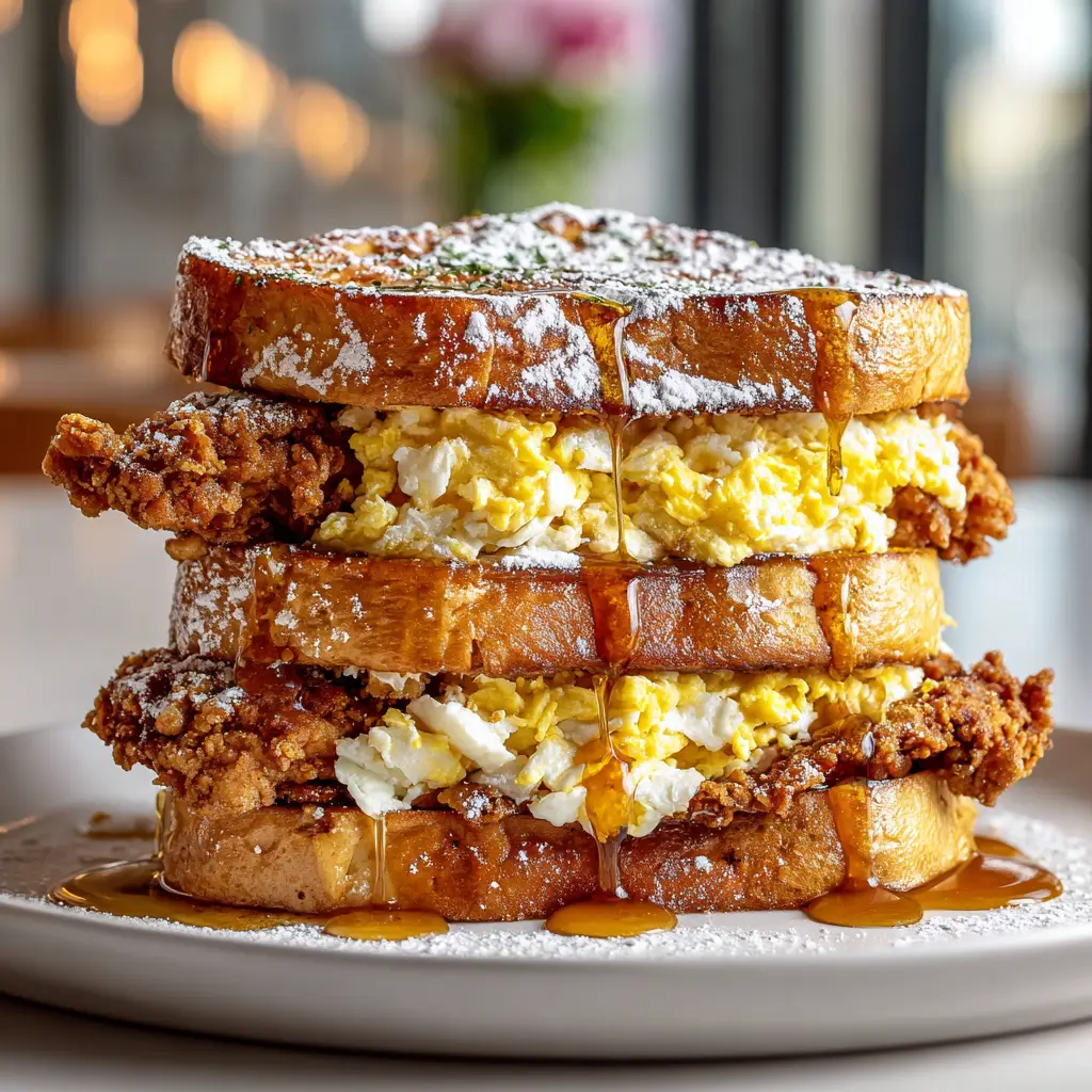 A close-up shot of the crispy, seasoned fried chicken resting on a slice of golden-brown French toast before assembly.