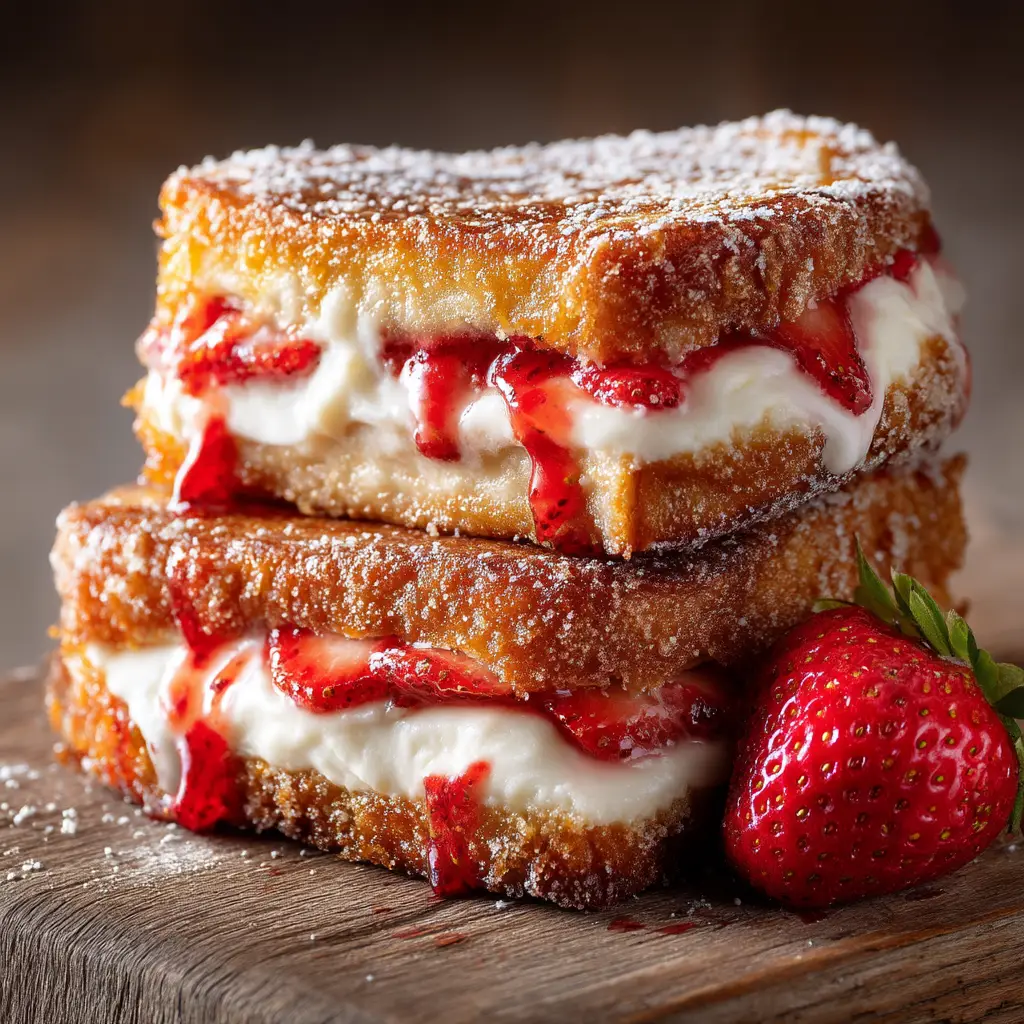 An extreme close-up of a perfectly fried strawberry cheesecake sandwich, highlighting its crispy texture and a small drip of the warm cheesecake filling.