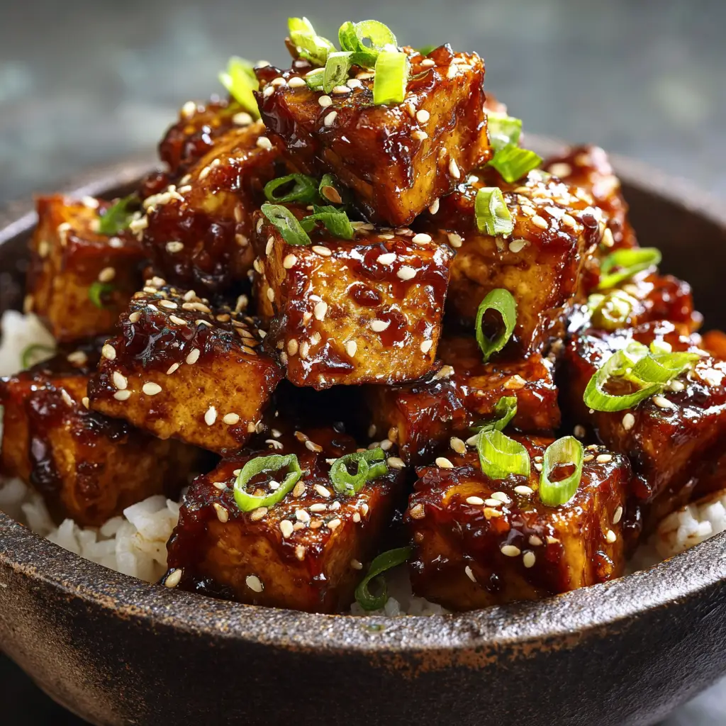 A serving of crispy honey garlic tofu in a bowl with rice and steamed broccoli, ready to be eaten. The entire meal looks balanced and appetizing.