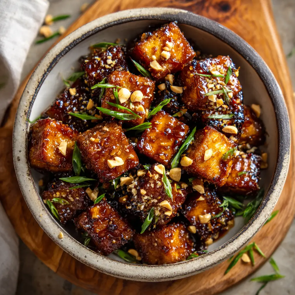 An overhead view of Honey Garlic Air Fryer Tofu served over rice in a ceramic bowl. This crispy tofu recipe is a quick and delicious meal.