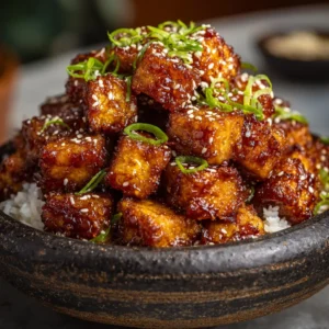An extreme close-up shot of a piece of crispy honey garlic tofu being held up by chopsticks, showcasing the perfectly crunchy texture and the thick, glossy sauce.