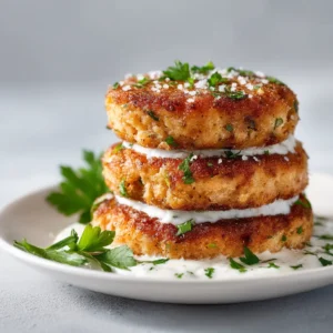 A close-up shot of crispy salmon patties stacked on a plate. The texture is golden and perfect, illustrating the result of the best salmon cakes recipe.