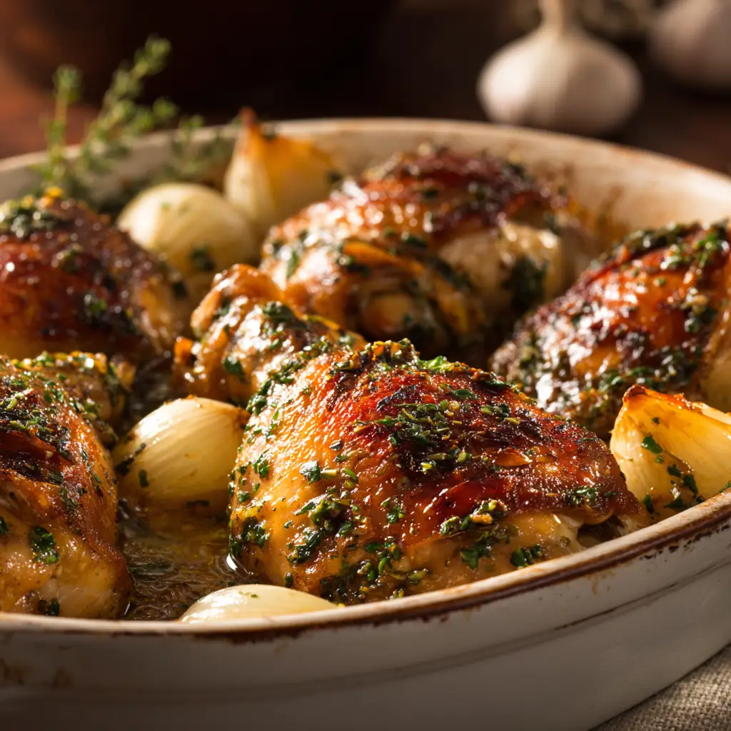 A close-up shot of a golden-brown crispy skin chicken, fresh out of the oven and glistening with garlic herb butter.