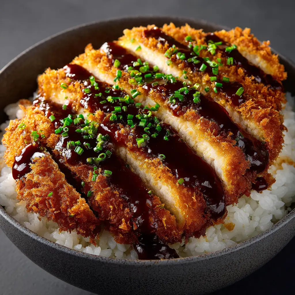 An extreme close-up of a crispy panko-breaded tonkatsu pork cutlet, showing the golden texture of the crust for the katsu bowl recipe.