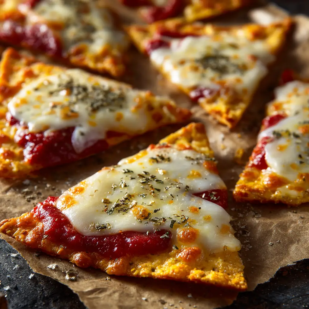 A close-up shot of a single crispy tortilla pizza chip, showing the melted mozzarella cheese and savory pepperoni topping.