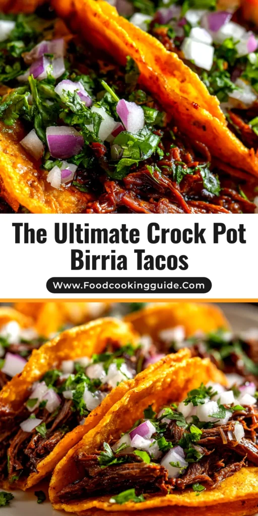 A platter of Crock Pot Birria Tacos, with one taco being held up to show the melted cheese and a small bowl of rich, red consommé ready for dipping.