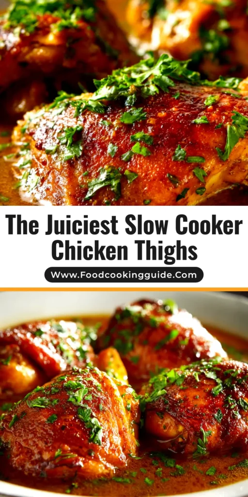 A close-up of juicy Crock Pot Chicken Thighs in a slow cooker, garnished with fresh parsley. The perfect easy dinner recipe for busy weeknights.