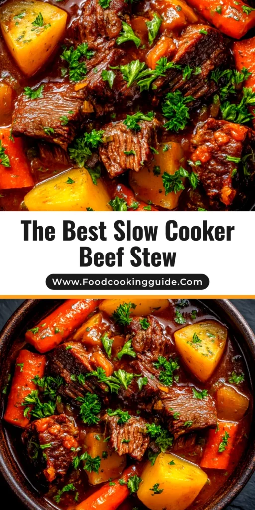 Crockpot Beef Stew: The Ultimate Slow Cooker Comfort Food 3 A close-up overhead shot of a rich and hearty Crockpot Beef Stew in a white bowl, garnished with fresh parsley.