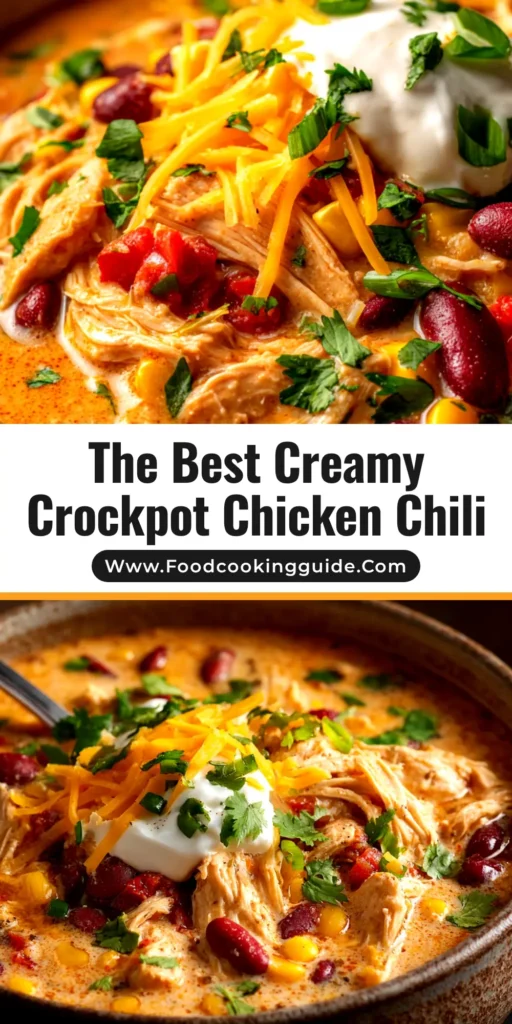 A top-down view of a white bowl filled with creamy Crockpot Cream Cheese Chicken Chili, garnished with fresh cilantro and shredded cheese.