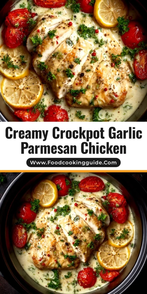 Crockpot Creamy Garlic Parmesan Chicken (The Easiest Recipe!) 3 A close-up vertical shot of Crockpot Creamy Garlic Parmesan Chicken served in a white bowl over pasta, garnished with fresh parsley.