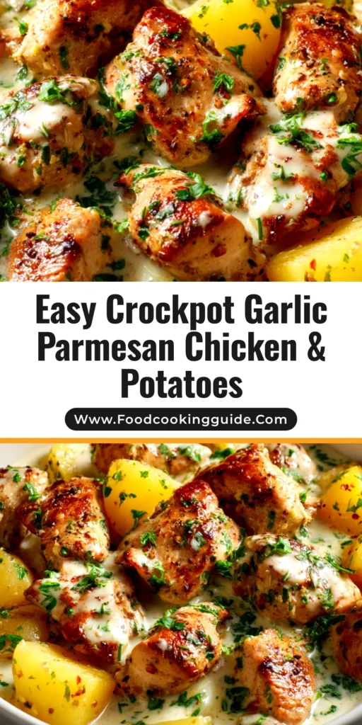 Crockpot Garlic Parmesan Chicken: The Ultimate Creamy Slow Cooker Recipe 3 An overhead shot of Crockpot Garlic Parmesan Chicken being served over pasta in a white bowl, garnished with fresh parsley.