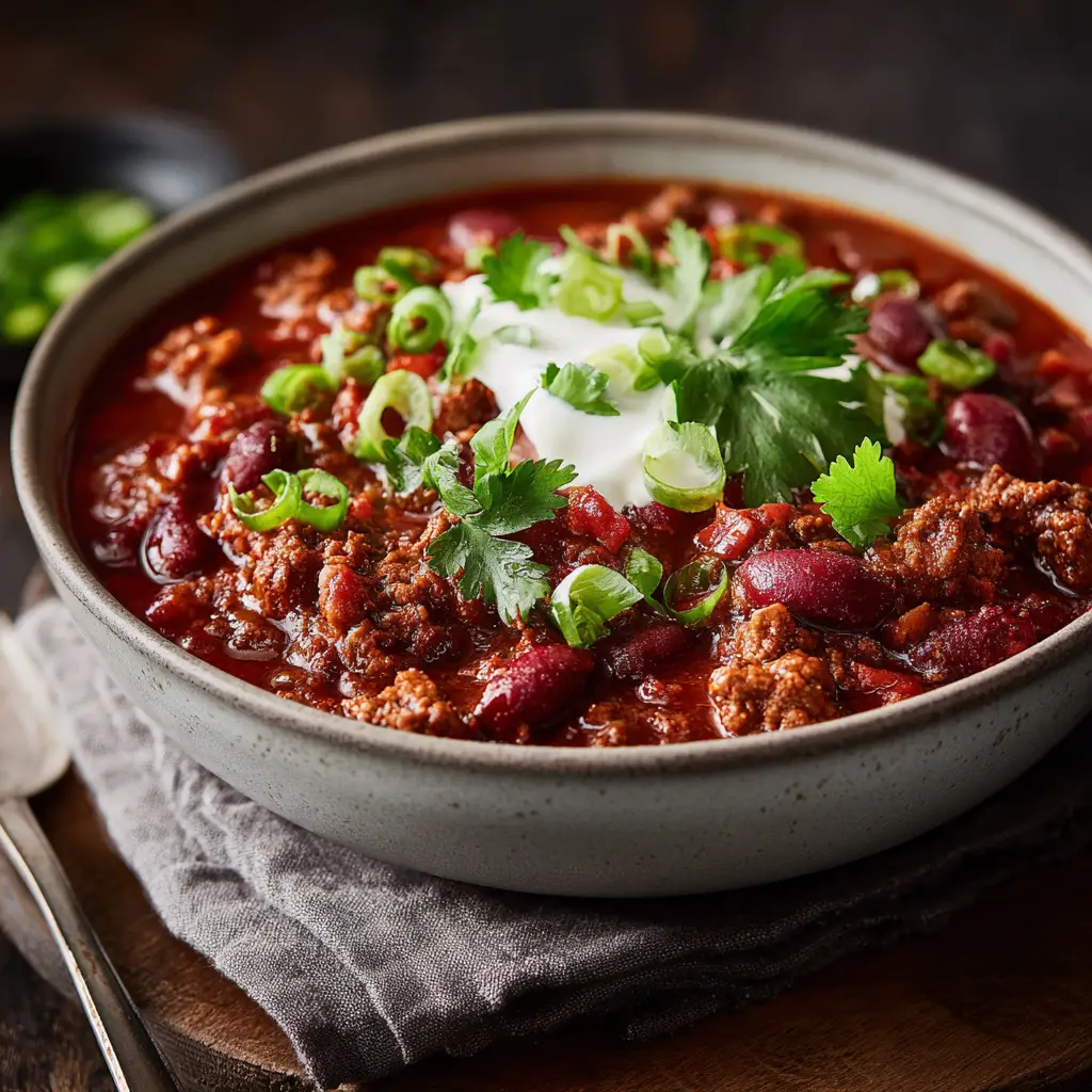 A slow cooker filled with hearty Texas style chili, simmering to perfection. The beef is visibly tender and coated in the savory sauce.