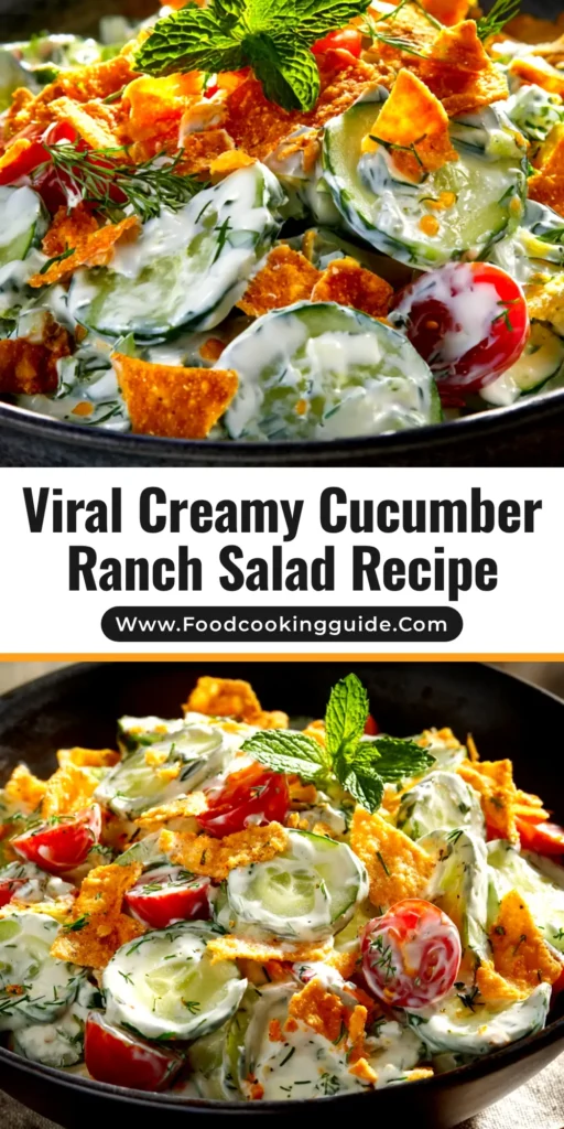 A top-down view of a large bowl of creamy cucumber ranch salad, garnished with fresh dill. The perfect easy side dish recipe.