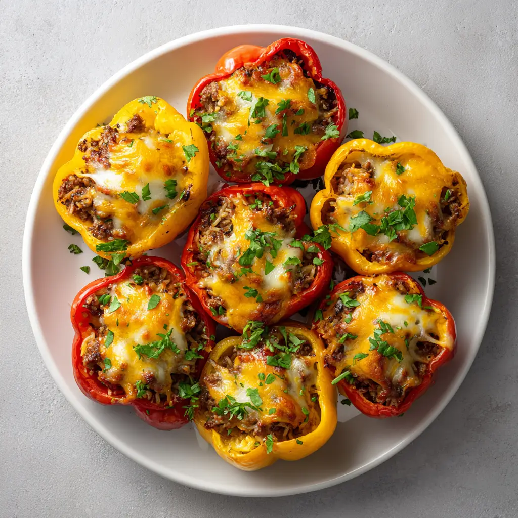 An overhead shot of the deconstructed stuffed pepper skillet, highlighting the colorful mix of ingredients before the cheese is added.
