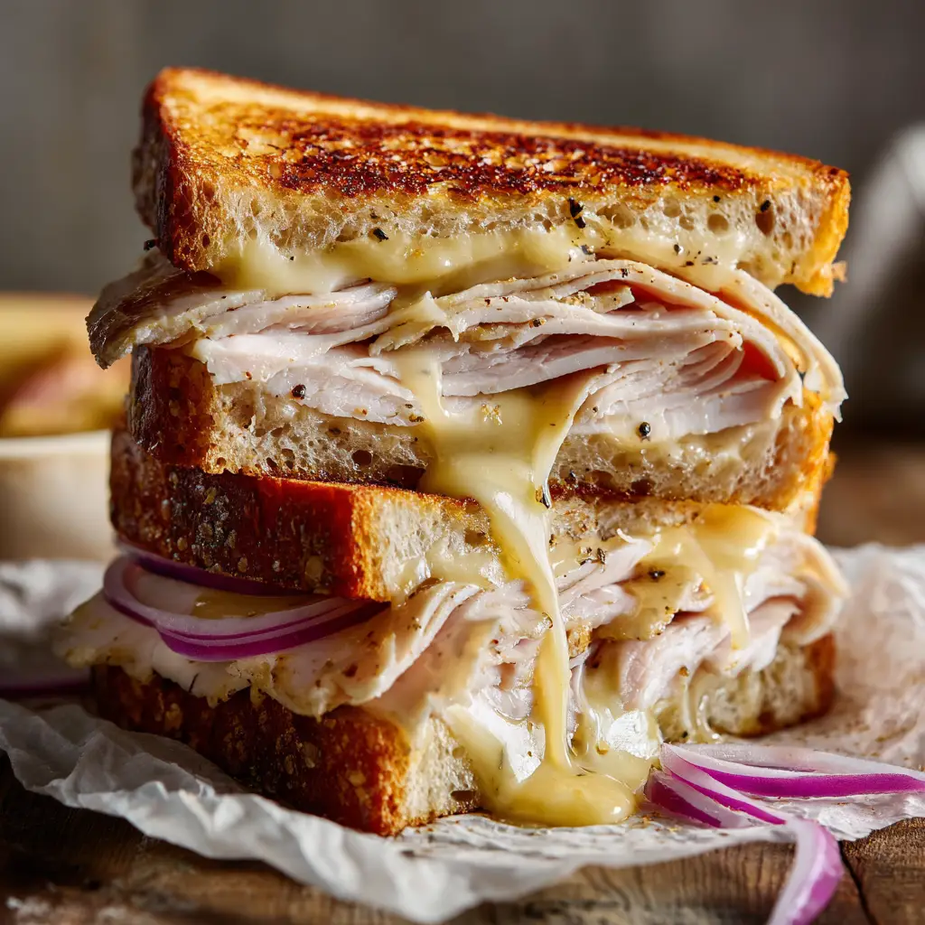 A delicious Turkey Melt Sandwich on a plate, cut diagonally to reveal layers of deli turkey and melted provolone and cheddar cheese. A side of pickles accompanies the sandwich.