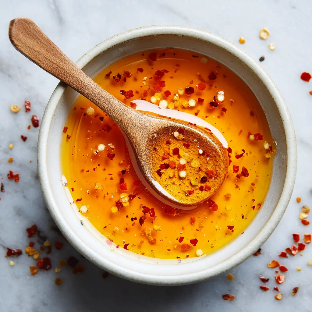 Hot Honey Recipe (That's Better Than Store-Bought) 1 A close-up shot of hot honey being drizzled over a piece of golden-brown fried chicken, highlighting its perfect texture and use.