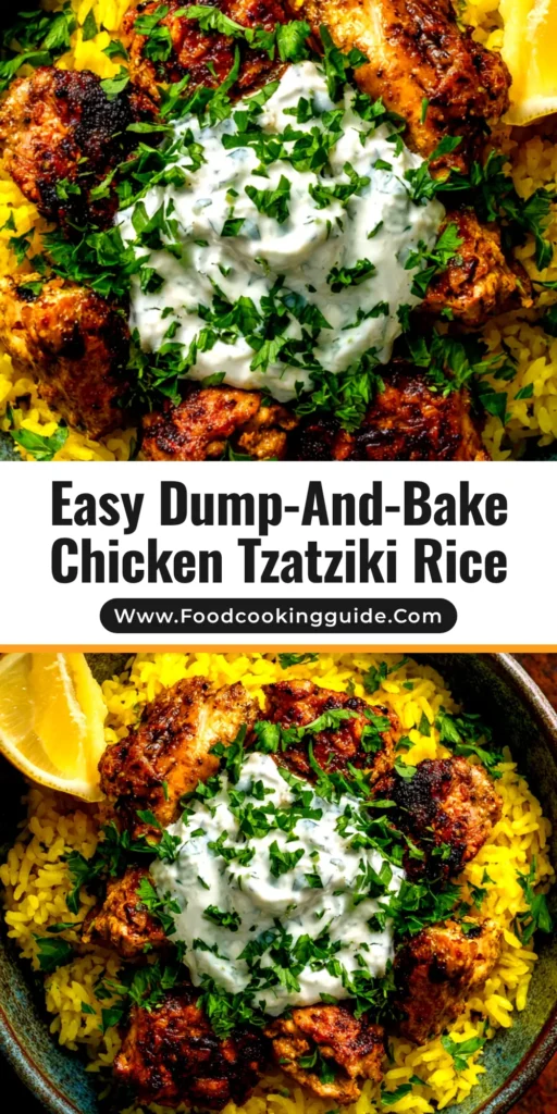 An overhead shot of a creamy Dump and Bake Chicken Rice casserole in a white baking dish, garnished with fresh parsley. The perfect one-pan weeknight dinner.