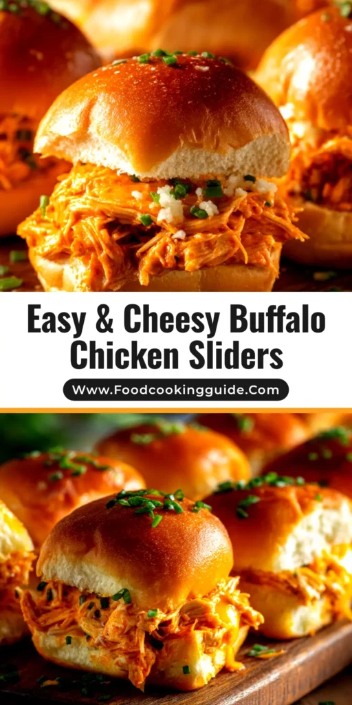 A top-down view of cheesy baked Buffalo Chicken Sliders on Hawaiian rolls in a baking dish, ready to be served for game day.