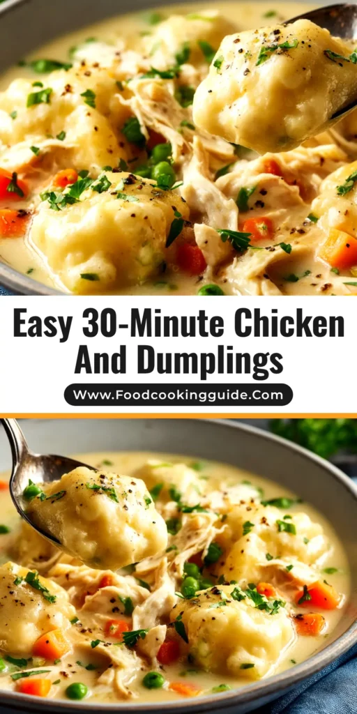 Chicken and Dumplings Recipe: The Ultimate Comfort Food 3 A cozy bowl of the best chicken and dumplings recipe, showing fluffy dumplings in a creamy stew with carrots and peas. The perfect comfort food dinner.