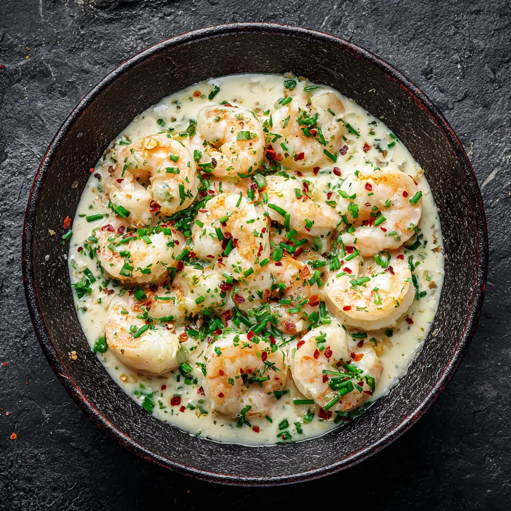 A plated serving of Coconut Garlic Shrimp over a bed of white rice, garnished with fresh herbs.