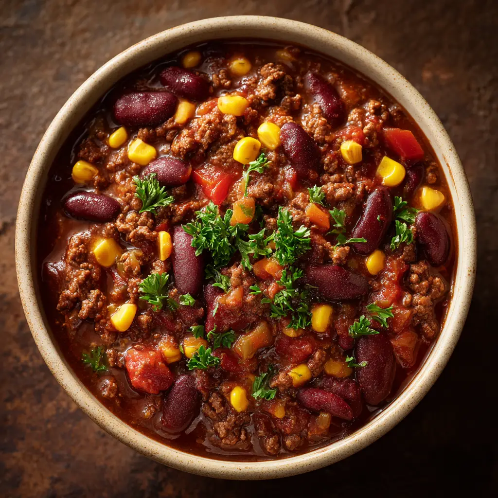 A serving of cowboy beans with ground beef scooped onto a plate, ready to eat. A perfect example of an easy cowboy beans recipe.