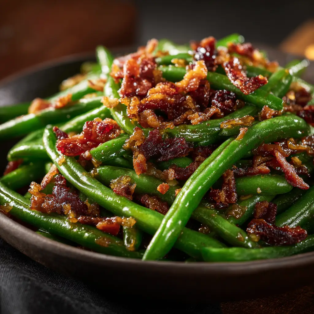 A serving spoon scooping up a portion of baked crack green beans from a casserole dish, highlighting the crispy bacon.