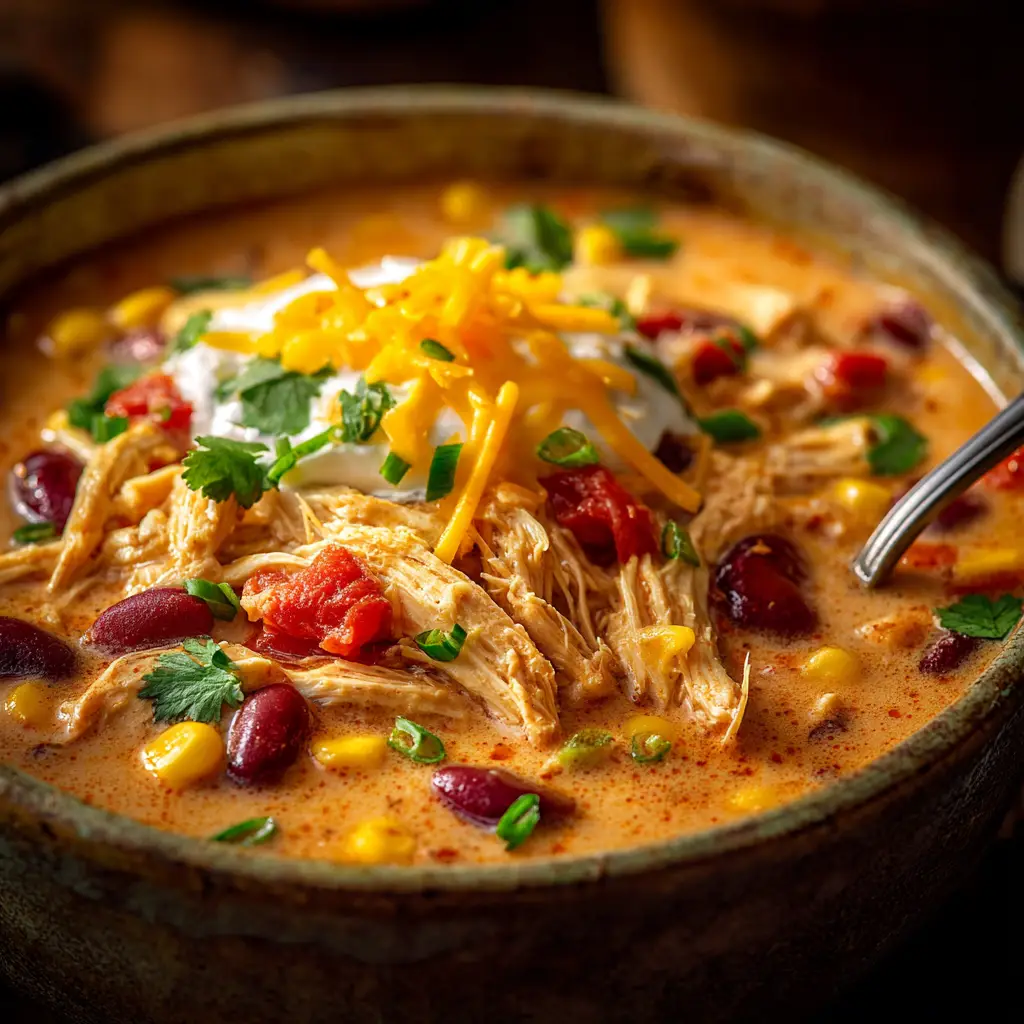 A spoonful of crockpot cream cheese chicken chili being lifted from a bowl, highlighting its thick consistency.