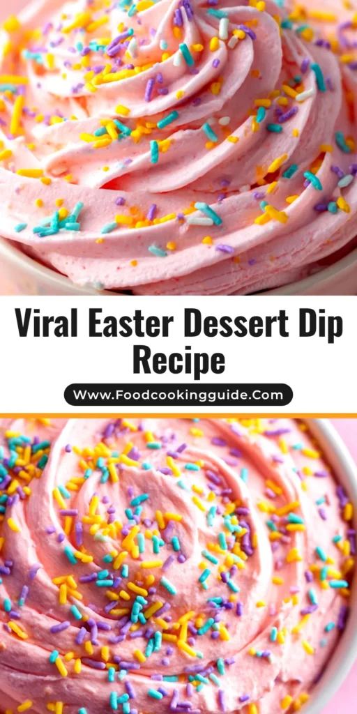 A festive bowl of creamy Easter dessert dip, topped with colorful pastel sprinkles and surrounded by an assortment of dippers like cookies and fruit.
