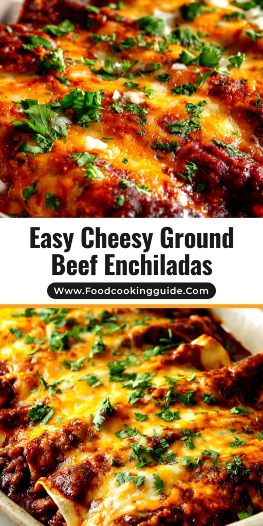 Ground Beef Enchiladas: The Ultimate Cheesy & Saucy Recipe 3 A pan of delicious and cheesy ground beef enchiladas, fresh from the oven, smothered in red sauce and garnished with cilantro. The perfect easy weeknight dinner recipe.