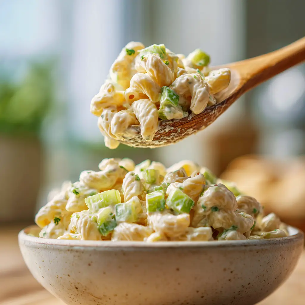 A spoonful of easy macaroni salad being lifted from a bowl, with bits of red pepper and celery visible in the creamy dressing.