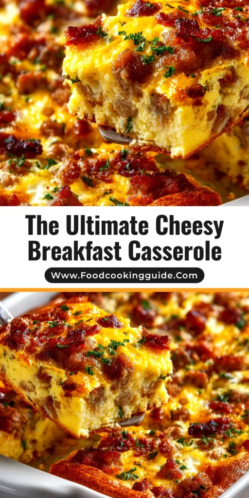 A delicious and easy overnight breakfast casserole with sausage, egg, and cheese, baked to golden brown perfection and ready to be served.
