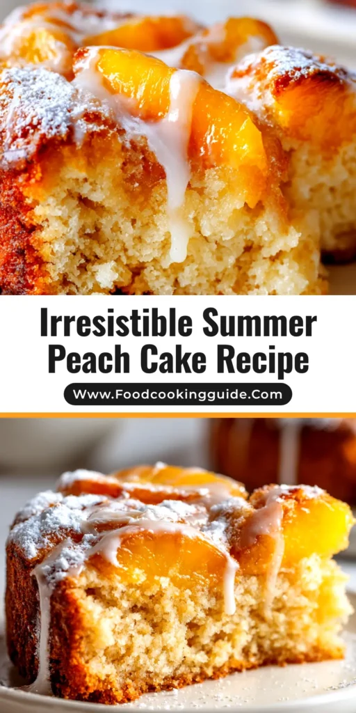 A beautiful and easy peach cake recipe shown as a slice on a white plate, highlighting the moist texture and fresh peach pieces inside.
