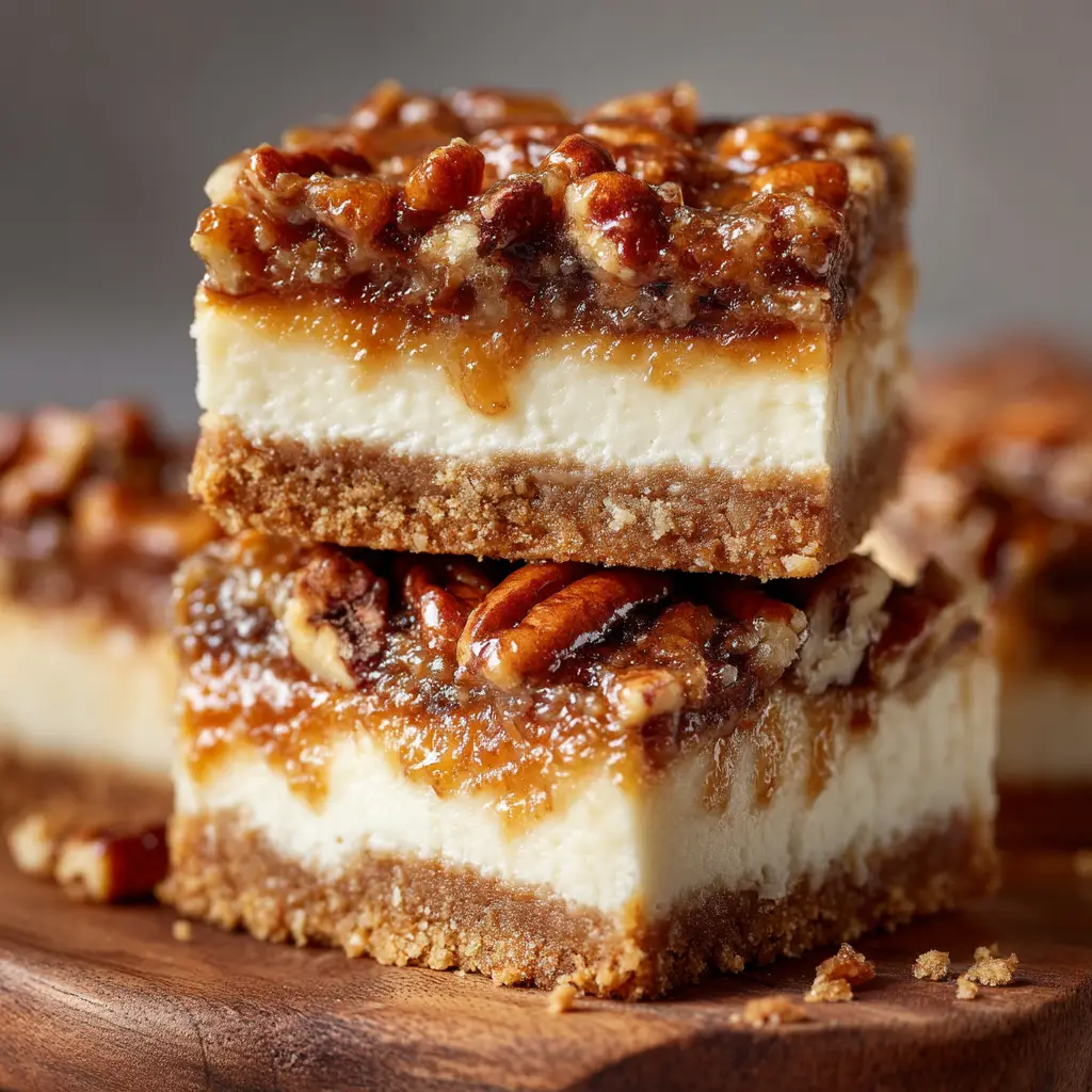 Pecan Pie Cheesecake Bars: The Ultimate Holiday Dessert 1 An overhead view of pecan pie cheesecake bars in a baking pan, with one slice removed to show the layers.