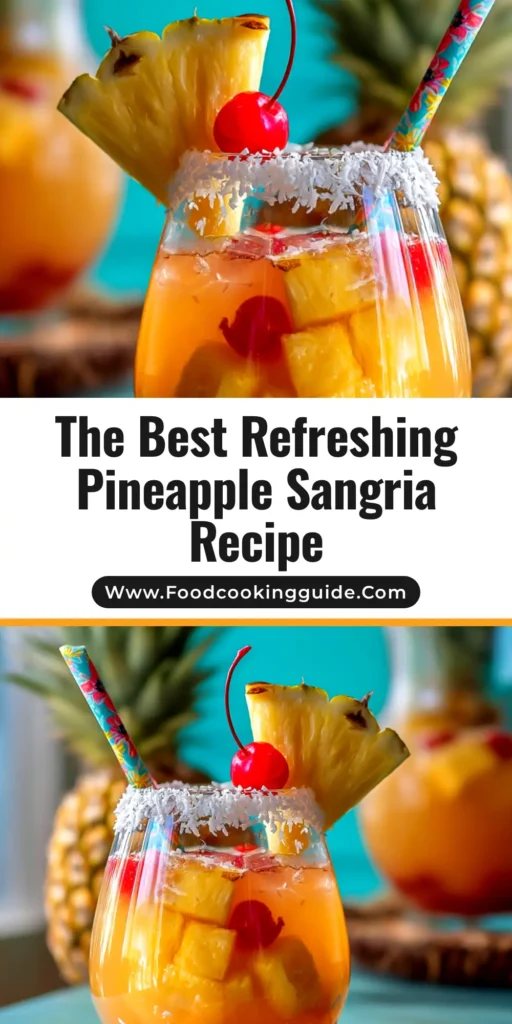 A tall glass pitcher filled with delicious pineapple sangria, packed with fresh pineapple chunks and citrus slices. A perfect and refreshing tropical party drink.