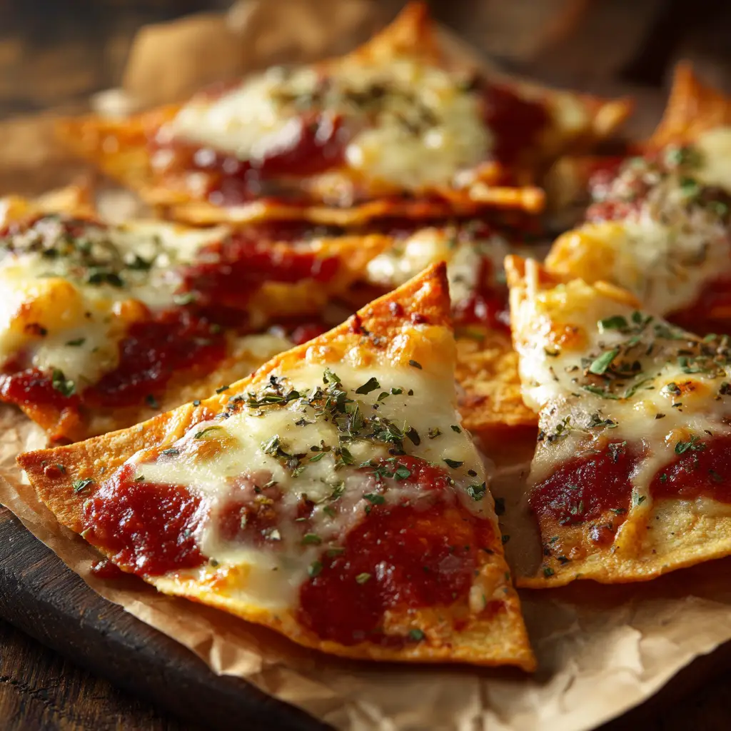 A batch of freshly baked pizza chips spread out on a baking sheet, ready to be served as a fun appetizer.