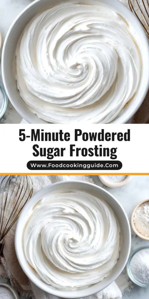 A bowl of creamy, white powdered sugar frosting being whipped with an electric hand mixer, ready for decorating cakes and cookies.