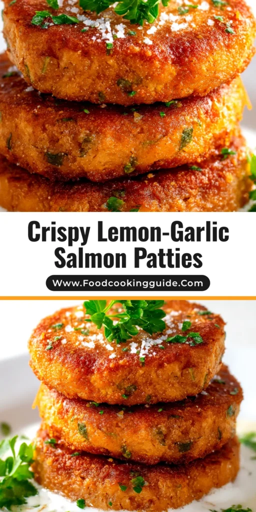 A stack of three golden-brown, crispy salmon patties served with a side of creamy dill sauce and a lemon wedge. The perfect easy salmon patties recipe.