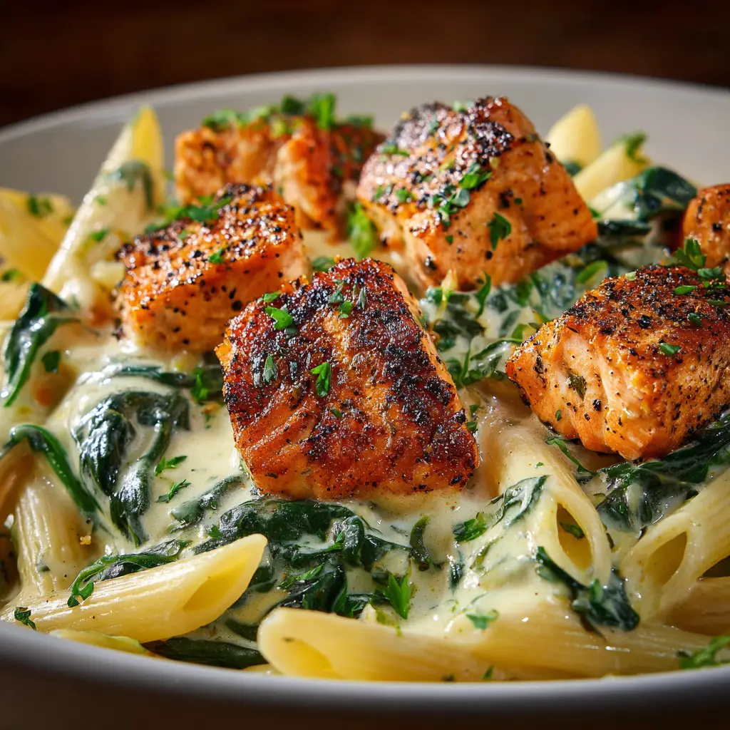 A beautiful serving of salmon and spinach pasta in a rustic bowl, garnished with fresh parsley and a lemon wedge on the side.
