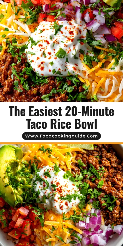 An overhead shot of a vibrant Taco Rice Bowl, featuring seasoned ground beef, rice, corn, black beans, tomatoes, and a dollop of sour cream. Perfect for a quick weeknight dinner.