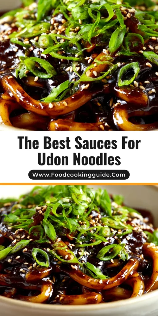A visually appealing pin showing three different udon noodle sauces in bowls, ready to be served. The text overlay reads '3 Easy Udon Noodle Sauces.'