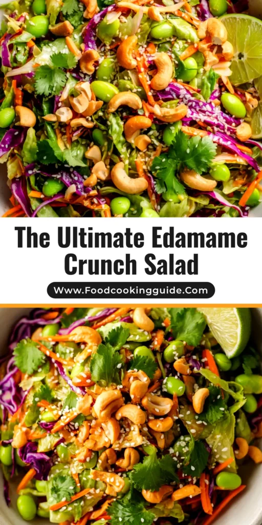Edamame Crunch Salad with Sesame Ginger Vinaigrette 3 A vibrant Edamame Crunch Salad in a large white bowl, topped with wonton strips and peanuts, with a side of sesame ginger dressing. The perfect healthy meal prep lunch idea.