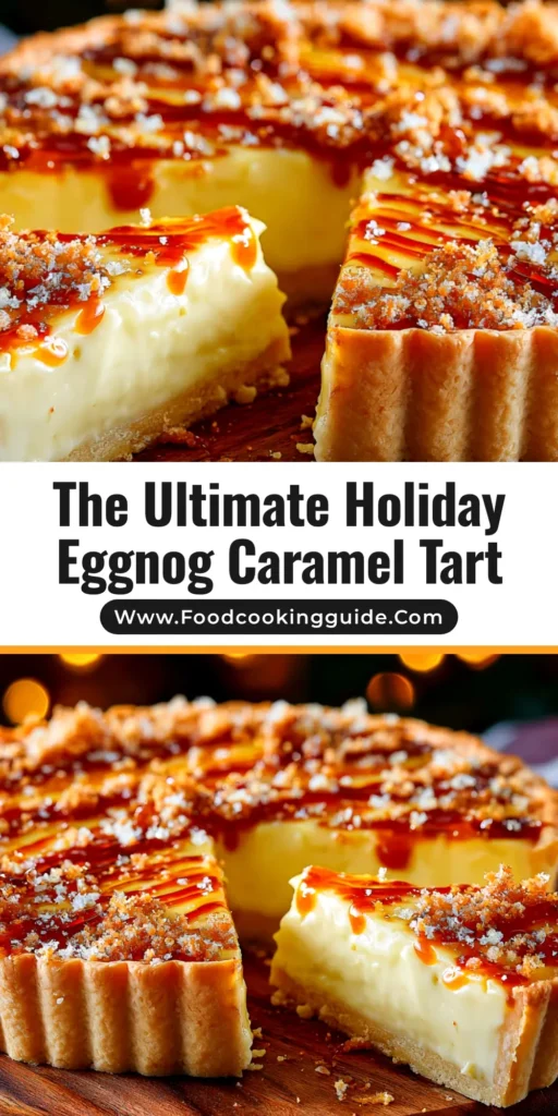 A beautiful overhead shot of a whole Eggnog Crème Tart, garnished with whipped cream and a dusting of nutmeg, ready to be served for a holiday dessert.