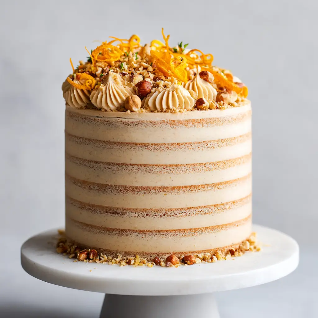 A tall, elegant layered Orange Hazelnut Cake shown in a bright, airy setting. The layers are clearly visible, showcasing the delicate sponge and creamy filling.
