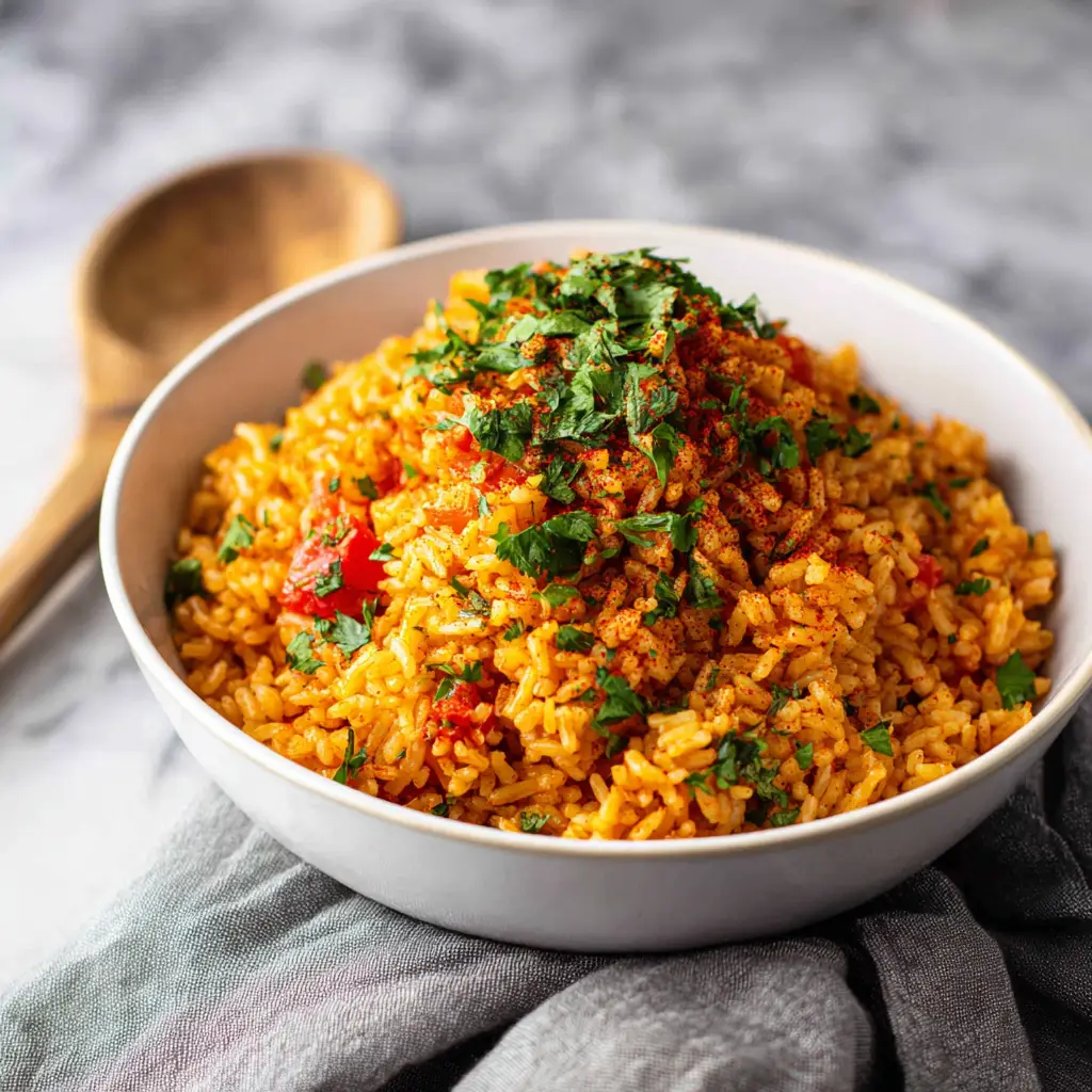 Spanish Rice Recipe: Authentic Flavor in One Pot 1 A beautiful platter of vibrant Spanish rice served family-style, ready to be enjoyed as a delicious side dish.