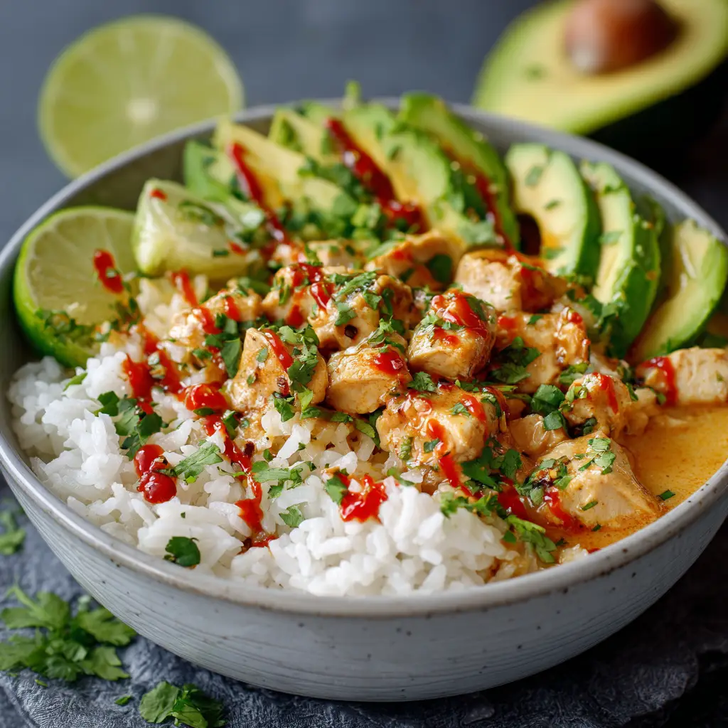 A beautiful, fully assembled coconut chicken rice bowl, topped with chopped fresh cilantro and green onions, ready to be eaten.