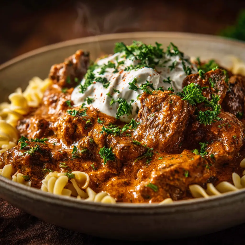 A beautiful bowl of finished German beef stew, garnished with fresh herbs and ready to be served, highlighting the thick, rich gravy.