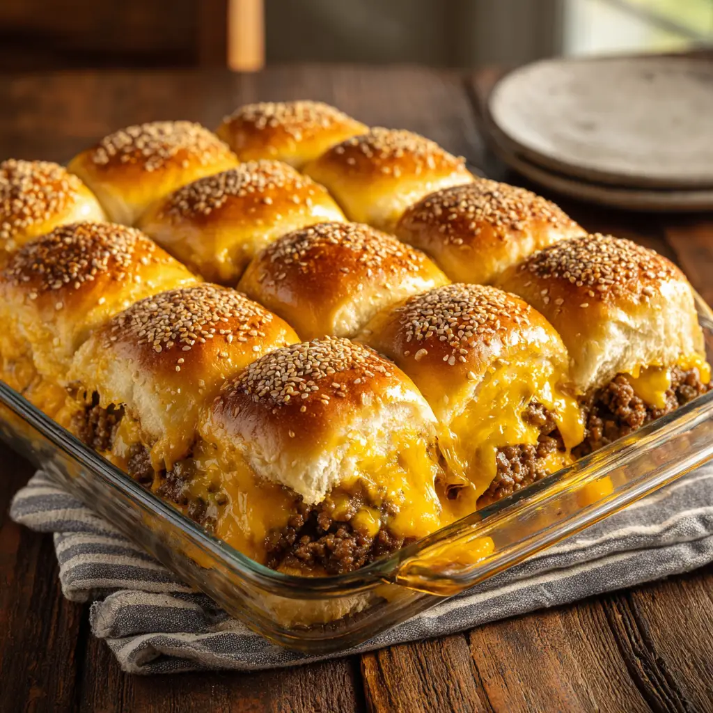 A close-up view of the golden-brown tops of the cheeseburger sliders after being brushed with a savory butter mixture and baked.
