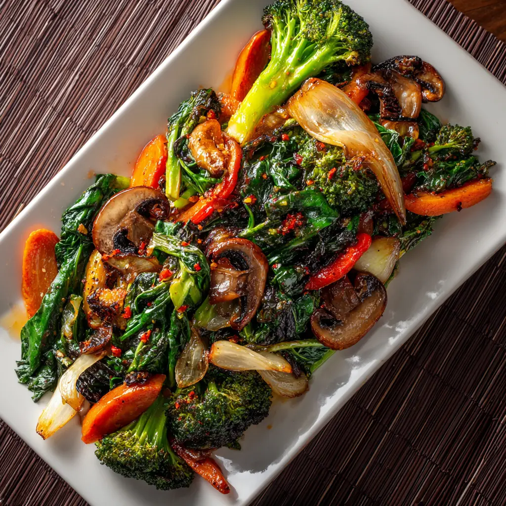 A close-up of perfectly seasoned sautéed vegetables, showing the texture of the broccoli and bell peppers. This highlights the final result of the healthy cooking method.