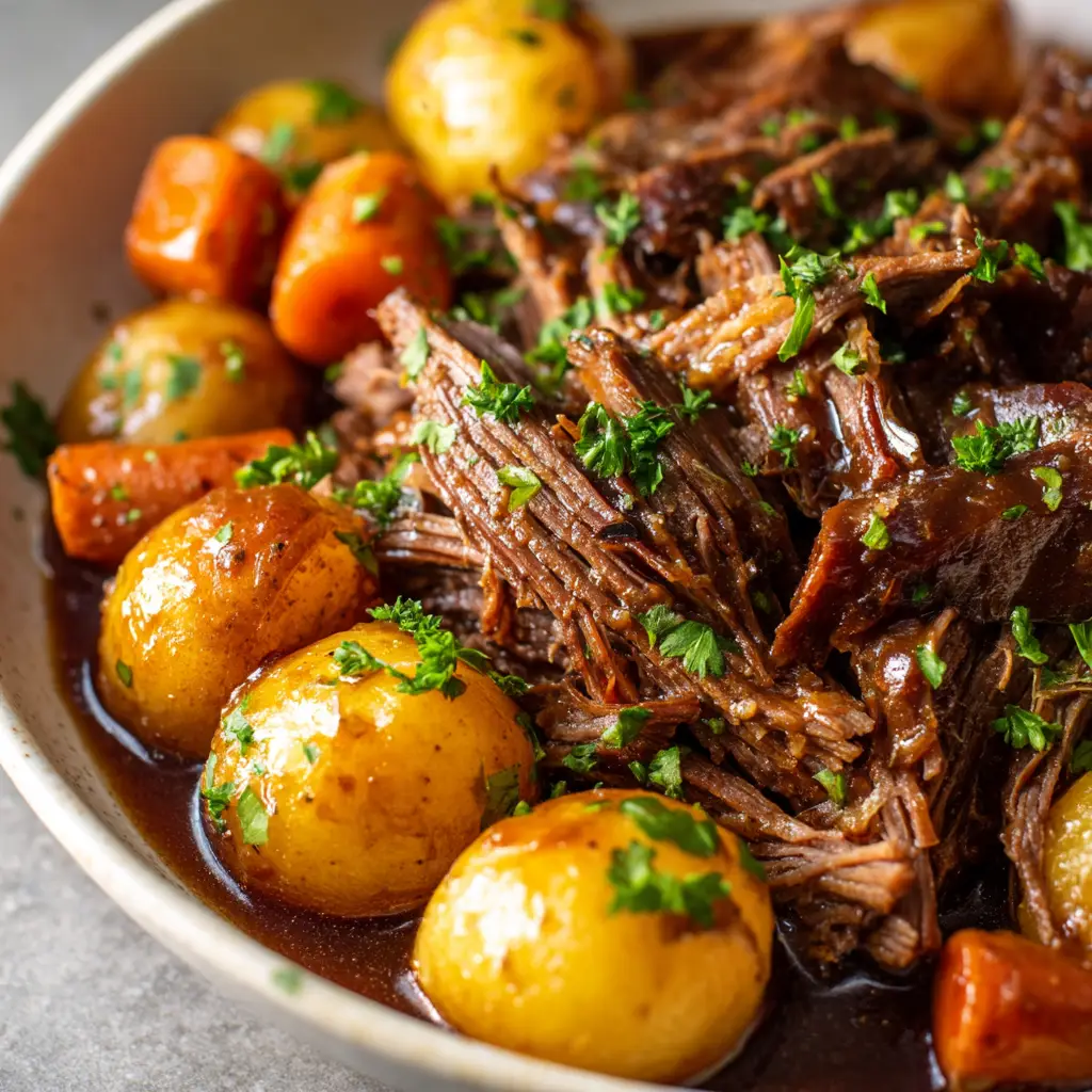 A close-up view of the slow cooker pot roast after cooking, showing the tender shredded beef, soft potatoes, and carrots in a rich, dark broth.
